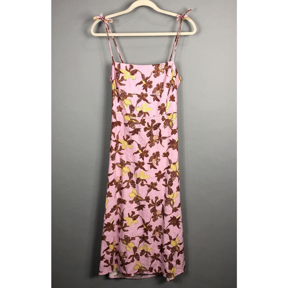 House of Harlow Pink Brown Floral Midi Dress M Open Back Linen Blend Casual